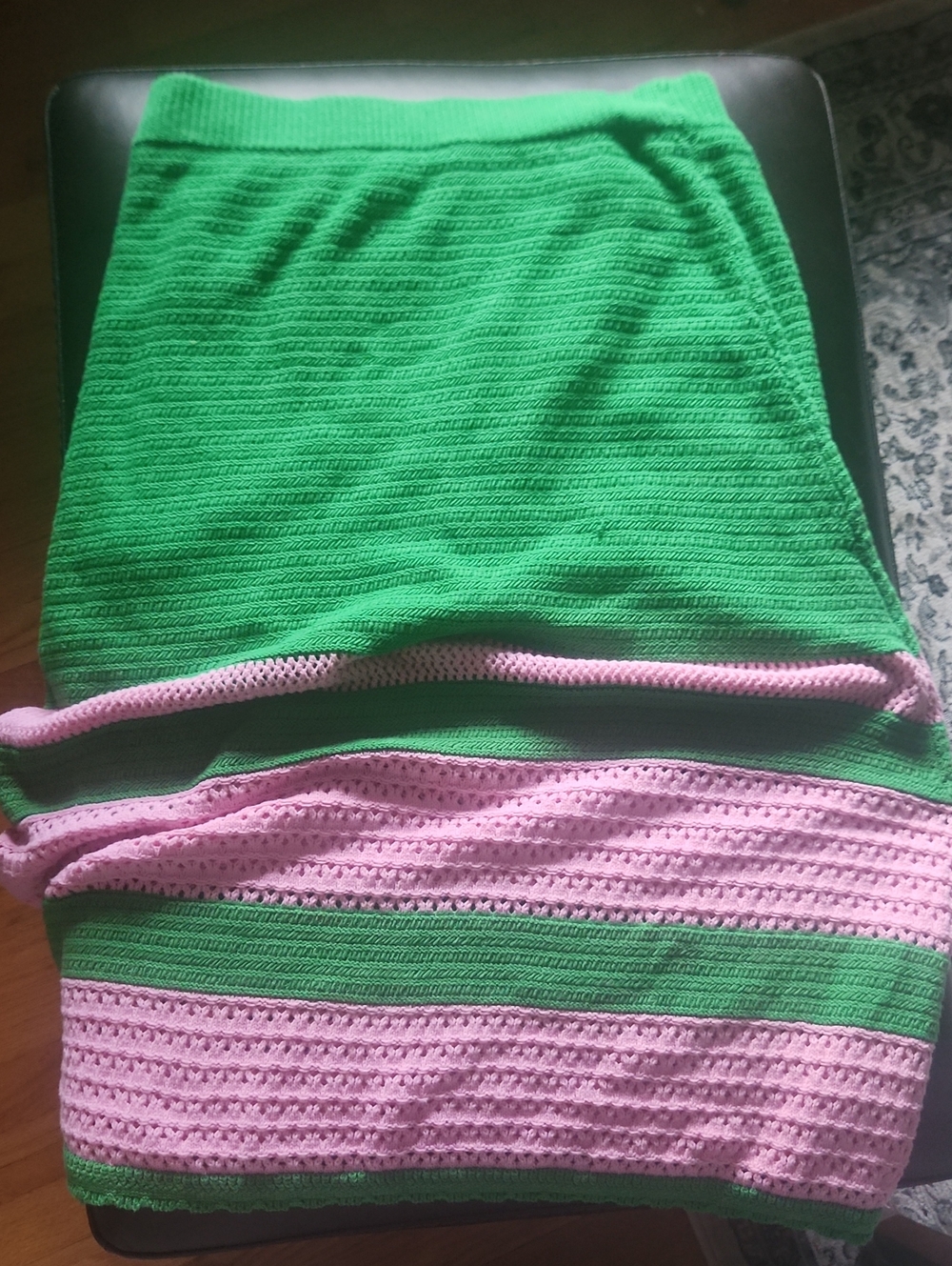Scoop Crochet Knit Midi Skirt Size XL 16-18 Green Pink Striped Half Lined